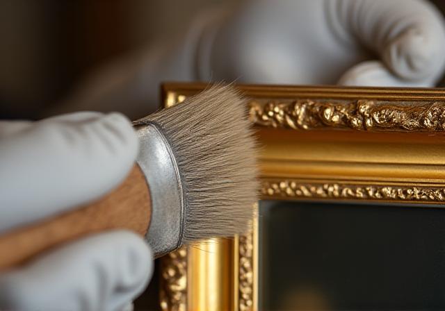 Limpieza delicada de un marco antiguo con pinceles suaves