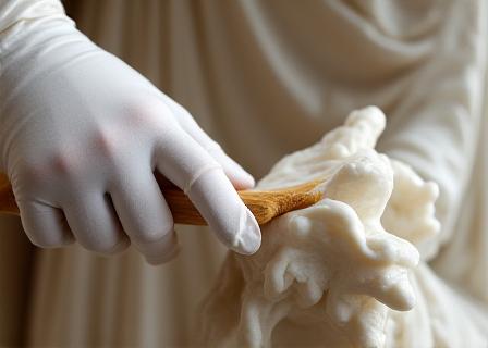 Técnico limpiando una escultura con pincel delicado